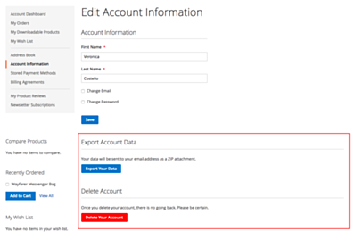 Export Data and Account Deletion options
