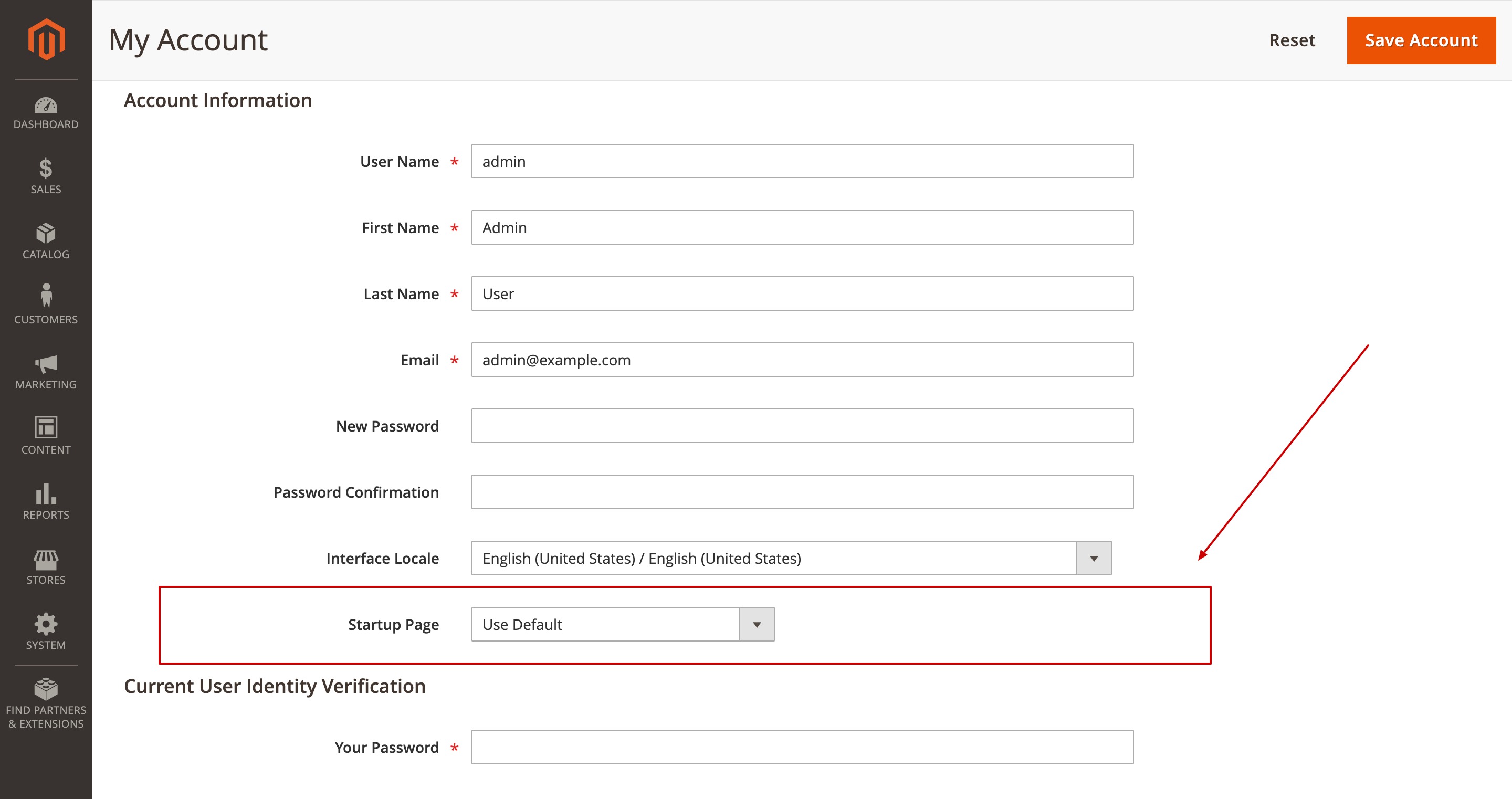 Admin User Account Settings Startup Page option