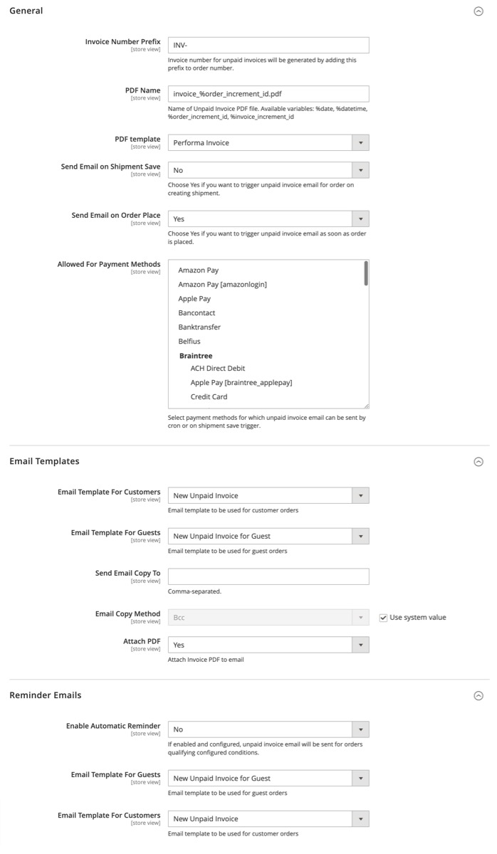 Magento 2 Unpaid Invoices Settings