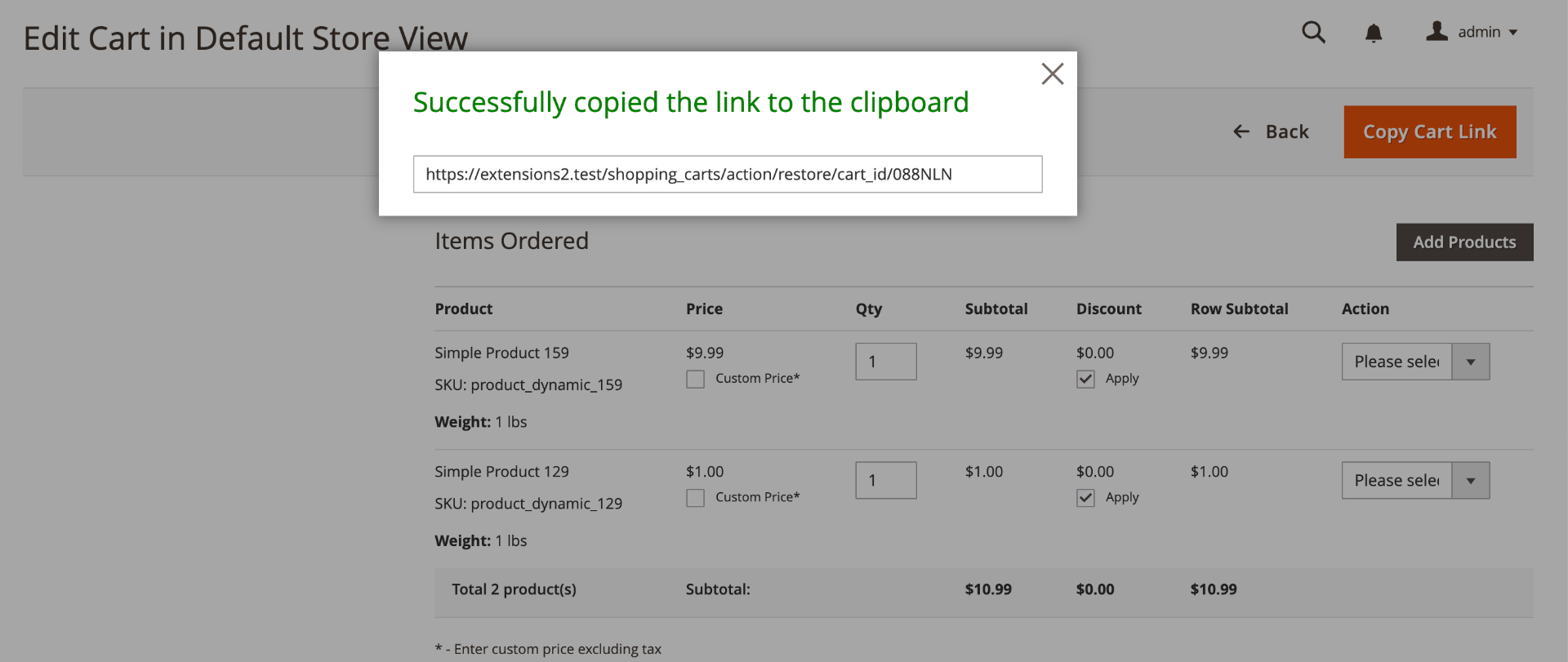 Shopping Cart link from Magento admin