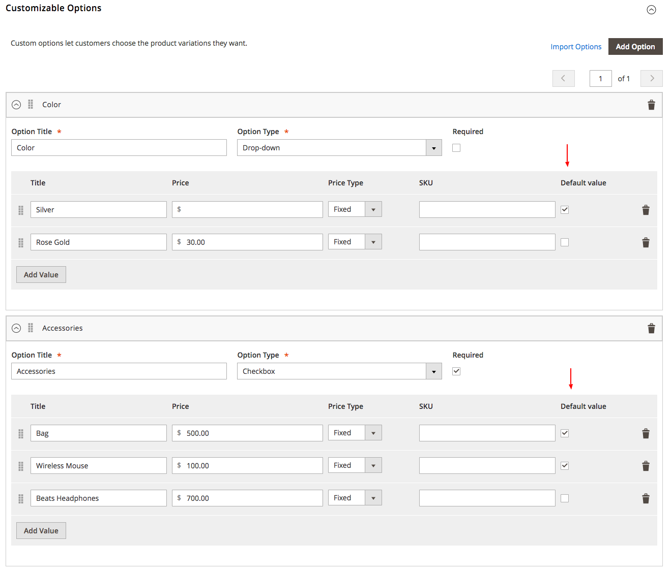 Custom Option Default Value Magento 2 Admin