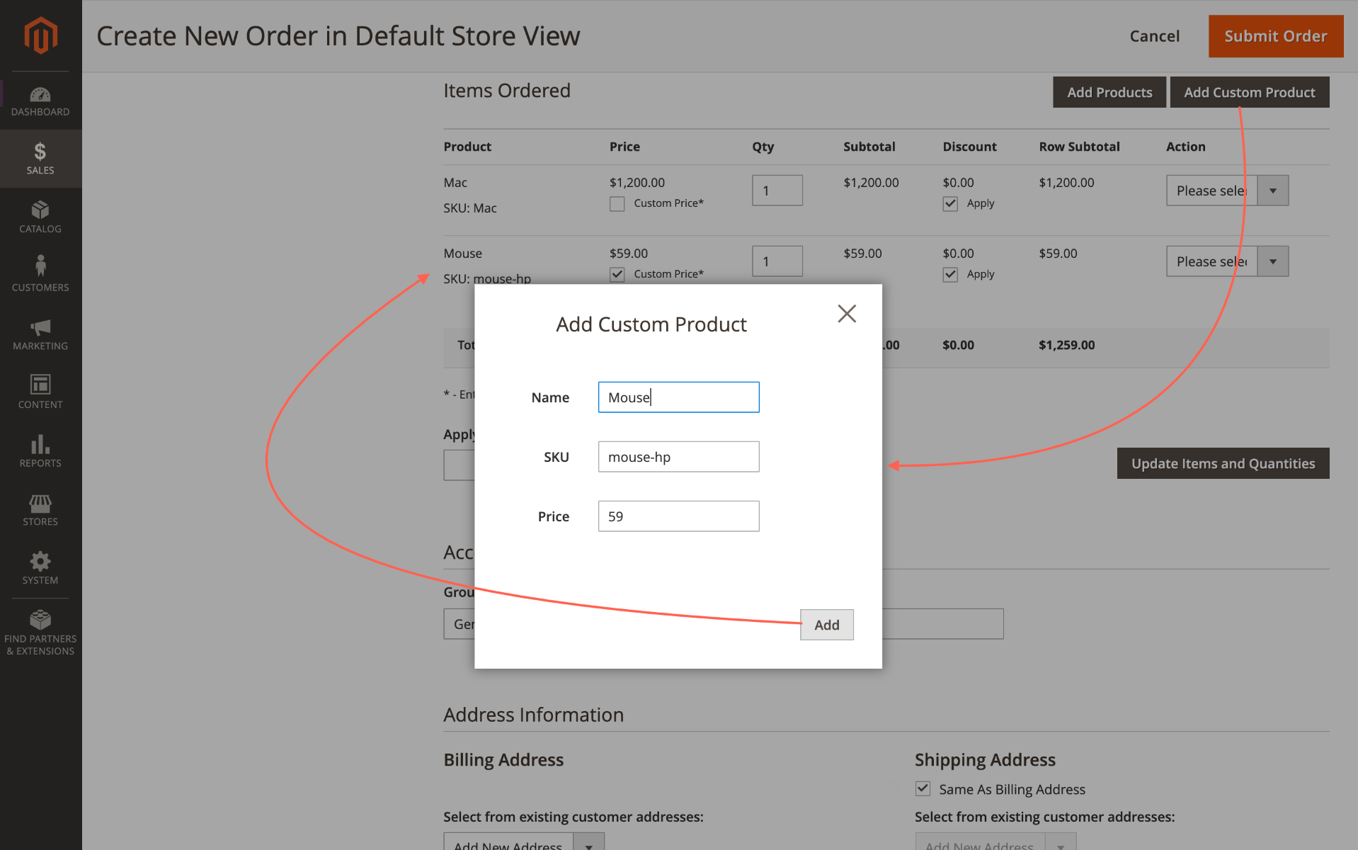 Magento order product with custom name and sku