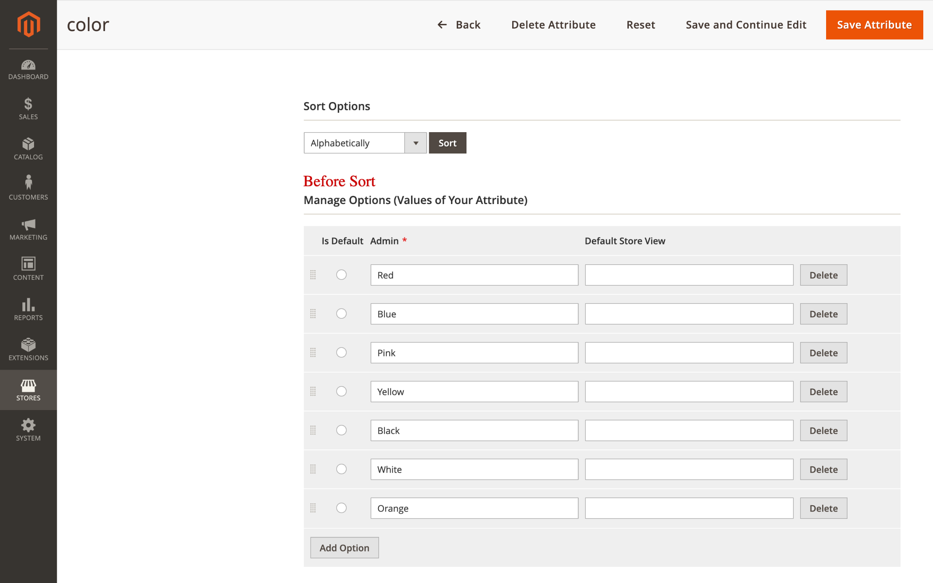 Unsorted Product Attribute Options